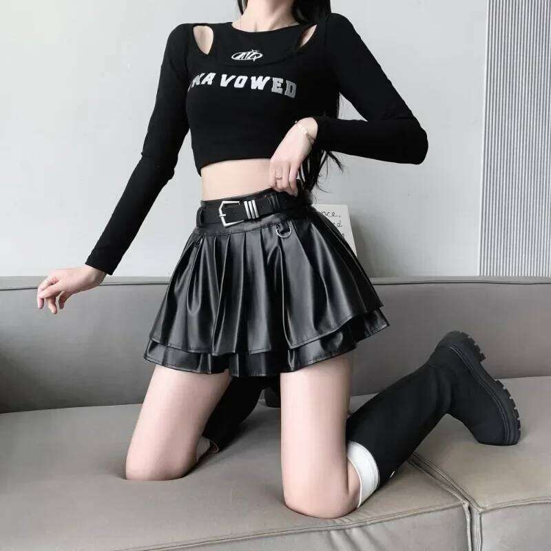 New Pleated Leather Skirts Women Korean High-waisted Solid A-line High Street Fashion Basics Short Skirt Female XJ260309