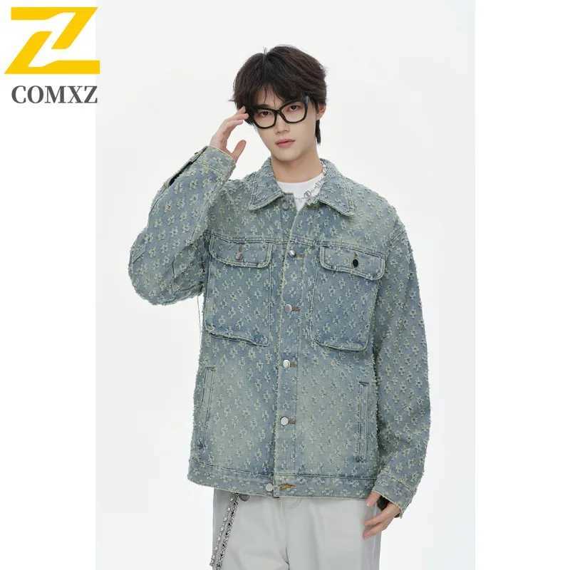 COMXZ 2025 Spring Fashion Distressed Brushed Plus Size Unisex Color Block Denim Jacket J8813 P65 Special Price M260309