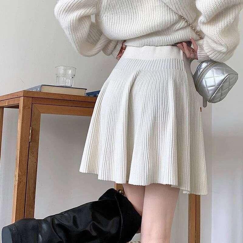 Autumn Winter Knitted White Mini Women Korean High Waist A Line Pleated Skirt Woman Preppy Style All Match Short Skirts XJ260309