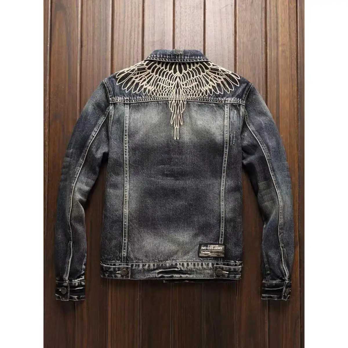 Vintage Wings Embroidered Denim Jacket Men Cowboy Retro Spring Autumn Handsome Long Sleeve Jeans Coat Rockin Clothes M260309
