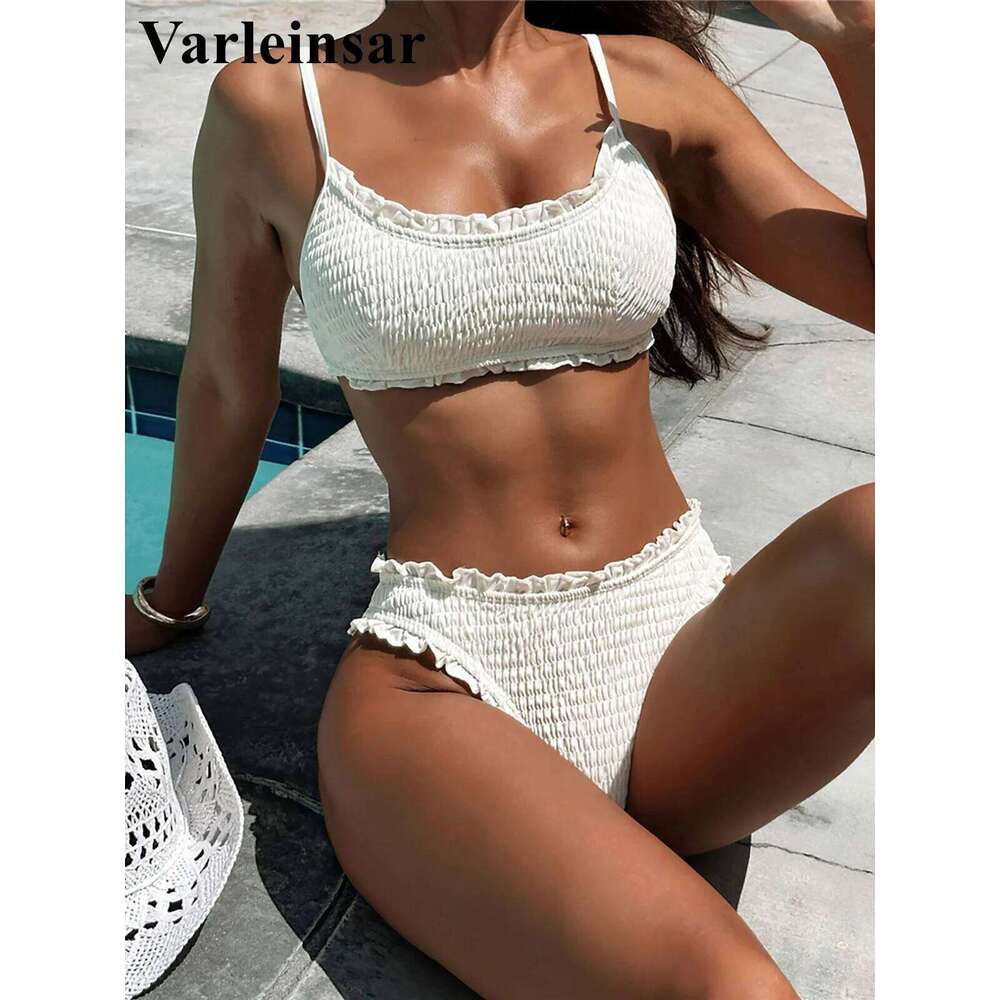 Frilled Ruffled Wrinkled Mid Waist Women Swimwear Female Swimsuit Two-pieces Bikini set Bather Bathing Suit Swim V5844 XJ260206
