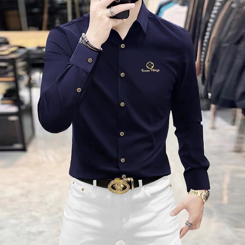 Luxury Brand Designer Clothes High-End New Anti-Wrinkle Trendy Brand Men's Long-Sleeve Slim-Fit Business Casual Seamless Shirt