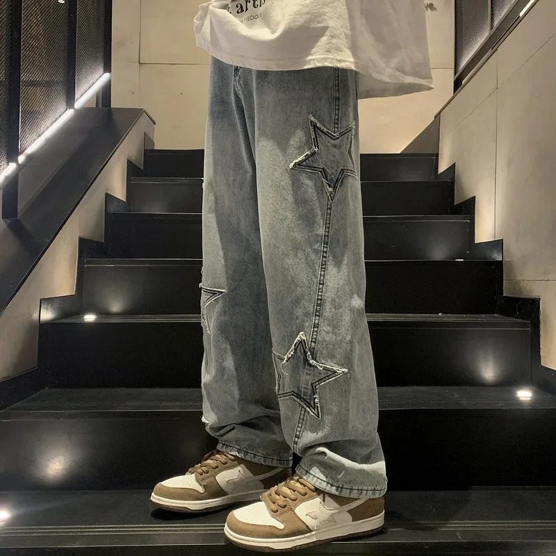 American HIPHOP Star Jeans Mens High Street Trendy Loose Straight Leg Wide Pants Trend Versatile 260302
