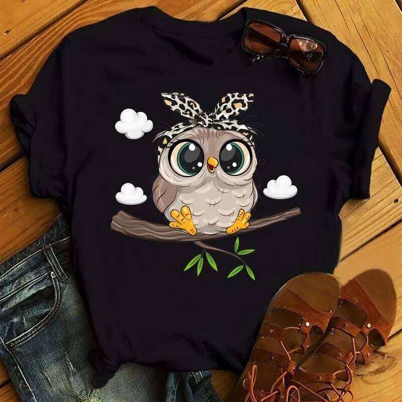Maycaur Cartoon Owl Print T Shirt Women Kawaii Graphic Shirts Casual Short Sleeved Black Female Tee O-neck Harajuku T-shirts XJ260306