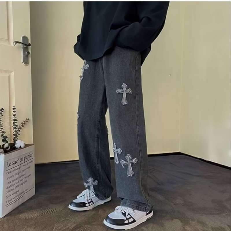 Washed Vintage Cross Jeans For Men Spring Autumn American Retro Trendy Straight Loose Cool Casual Pants