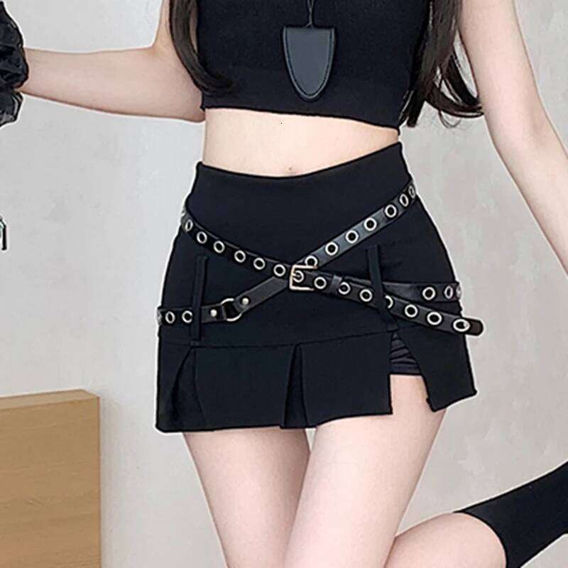 Retro Slit Women Sexy American Hotsweet Cross Sashes Black High Waist Mini Skirt Summer Vintage A Line Slim Simple Skirts XJ260309