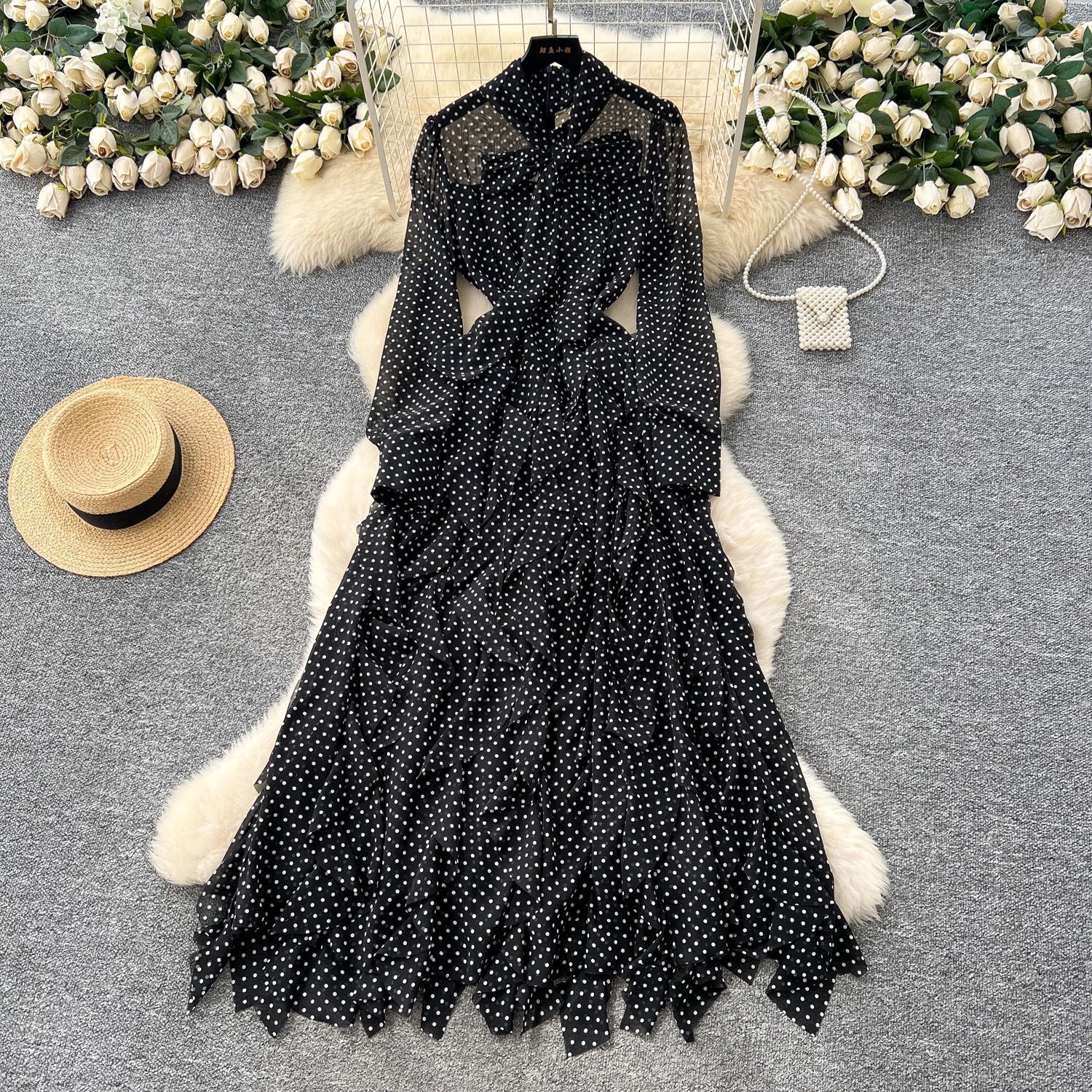 Light Mature Style Niche Bow Tie Long Sleeve Polka Dot Dress For Women Autumn Irregular Ruffle Long Dress