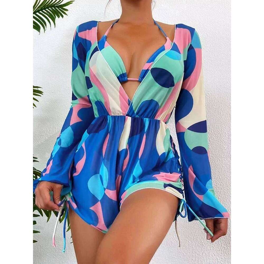 3 Pieces Triangle Halter String Bikini Long Sleeve Swimsuit Women Swimwear Female Bathers Bathing Swimming Swim Suit XJ260206