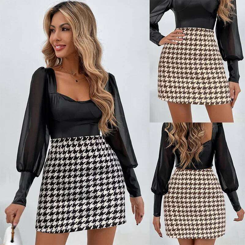Spring Autumn Y2K Sexy Fashion High Waist Houndstooth A-line Skirt Women Casual Vintage Plaid Lady Korean Slim Female Hip Skirts XJ260309
