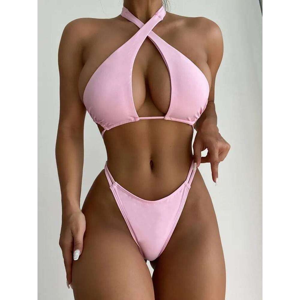 Swimsuits 2024 Woman Female Tankini Solid Color Strap Swimwear Backless Sexy Bikini Hot Spring Two-Piece Swimsuit Bikinis Set XJ260206