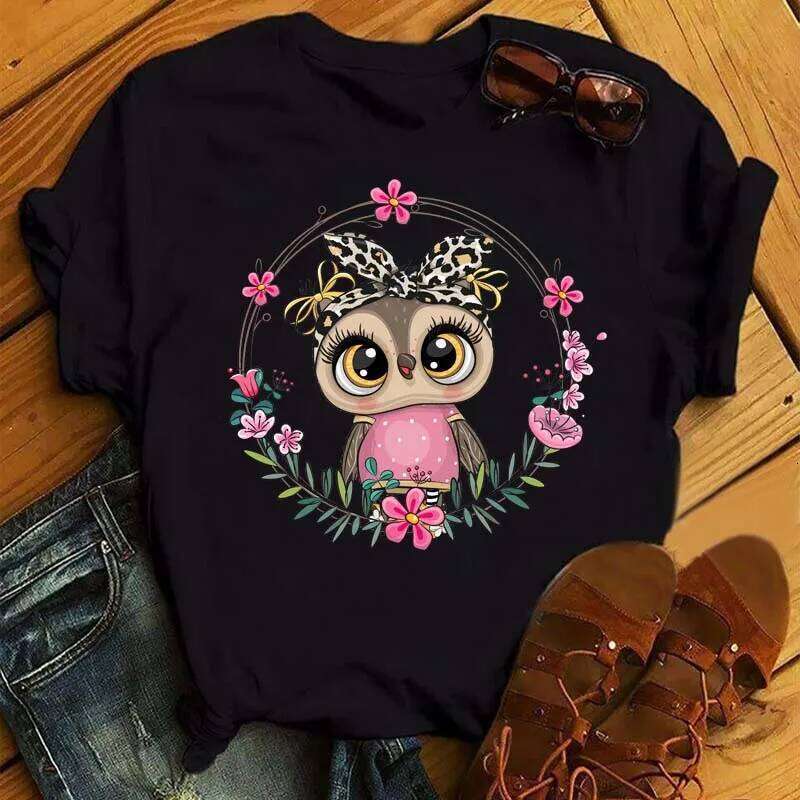 Maycaur Cartoon Owl Print T Shirt Women Kawaii Graphic Shirts Casual Short Sleeved Black Female Tee O-neck Harajuku T-shirts XJ260306