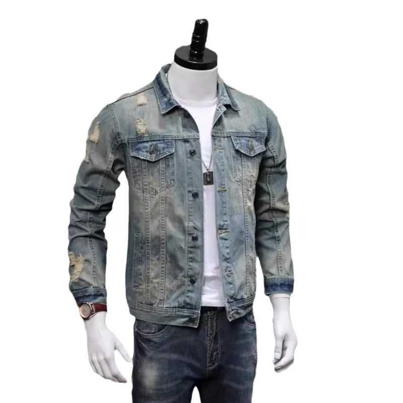 Men Denim Jackets New Youthful and Handsome Top Fashionable Loose Casual Jacket Lapels Pockets Spliced Designs Break Hole Coats M260309
