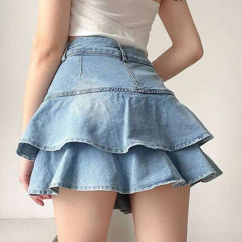 Denim For Hot Girl Ruffle Edge Jean With Button Women'S Retro High Waist Slim Fit Double Layered Short Cake Skirt XJ260309