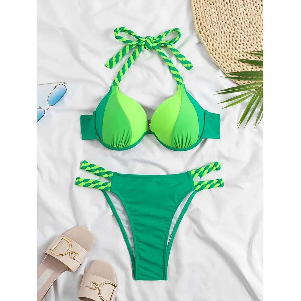 2025 Colorblock Push Up Bikini Halter Swimsuit Women Sexy Swimwear Female Bathers Bathing Swimming Swim Suit Beachwear XJ260206
