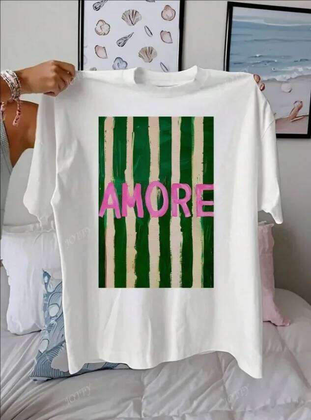 AMORE Striped Art Pattern Summer Outfits Women Casual Round Neck Short Sleeve Female T-Shirt Tops XJ260306
