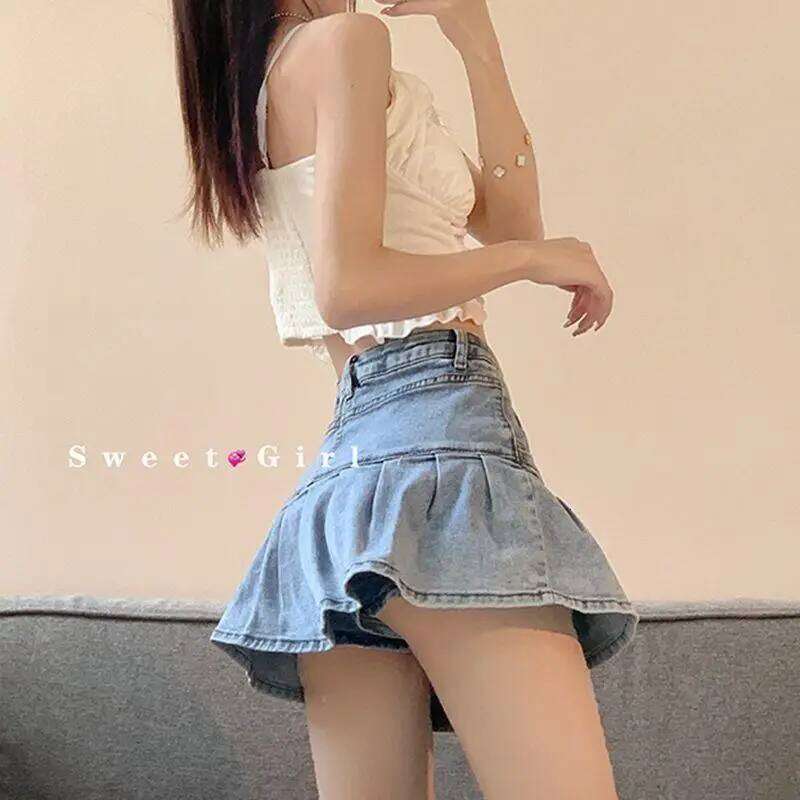 Y2K Vintage Denim Women Summer Fashion High Waist A-Line Wash Blue Slim Sexy Hot Girl Mini Jeans Ruffle Short Skirt Female XJ260309