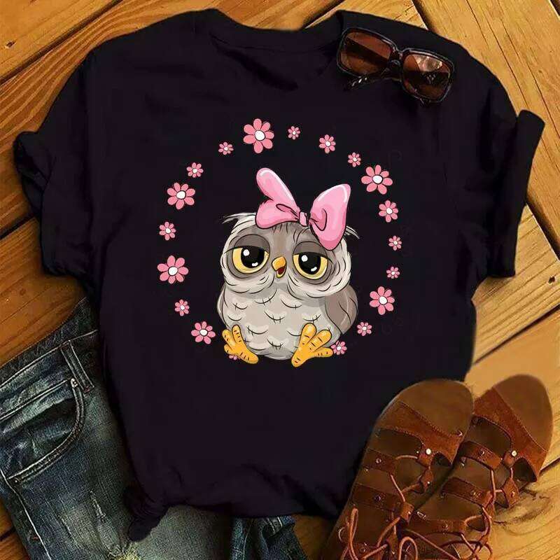 Maycaur Cartoon Owl Print T Shirt Women Kawaii Graphic Shirts Casual Short Sleeved Black Female Tee O-neck Harajuku T-shirts XJ260306