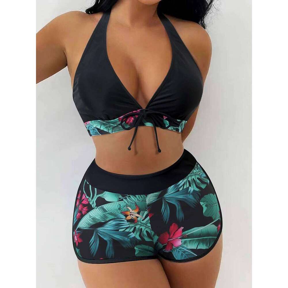 2025 Halter Bikini Set Short Swimsuit Women High Waist Swimwear Female Printed Bathers Swimming Bathing Swim Suit Beachwear XJ260206