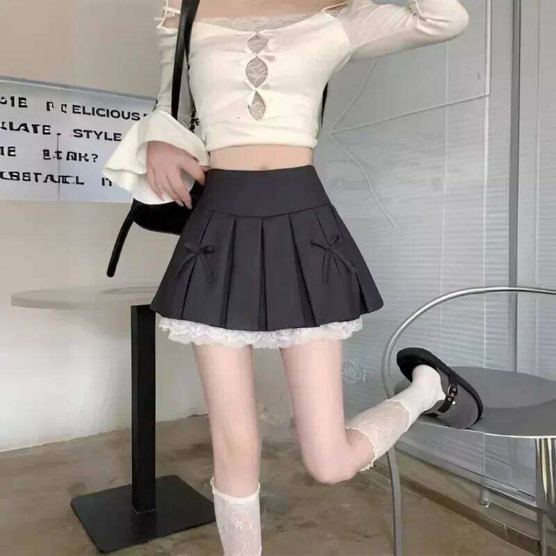Korean Fashion Sweet High Waist College for Womenn Lace Preppy Bow Female A-line Pleated Skirt Y2k XJ260309