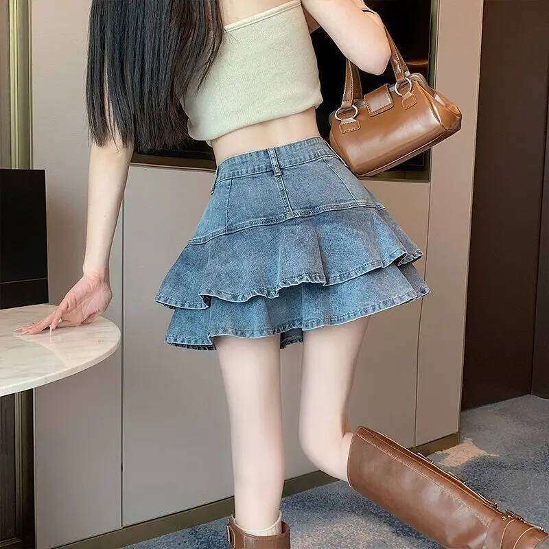 Denim For Hot Girl Ruffle Edge Jean With Button Women'S Retro High Waist Slim Fit Double Layered Short Cake Skirt XJ260309