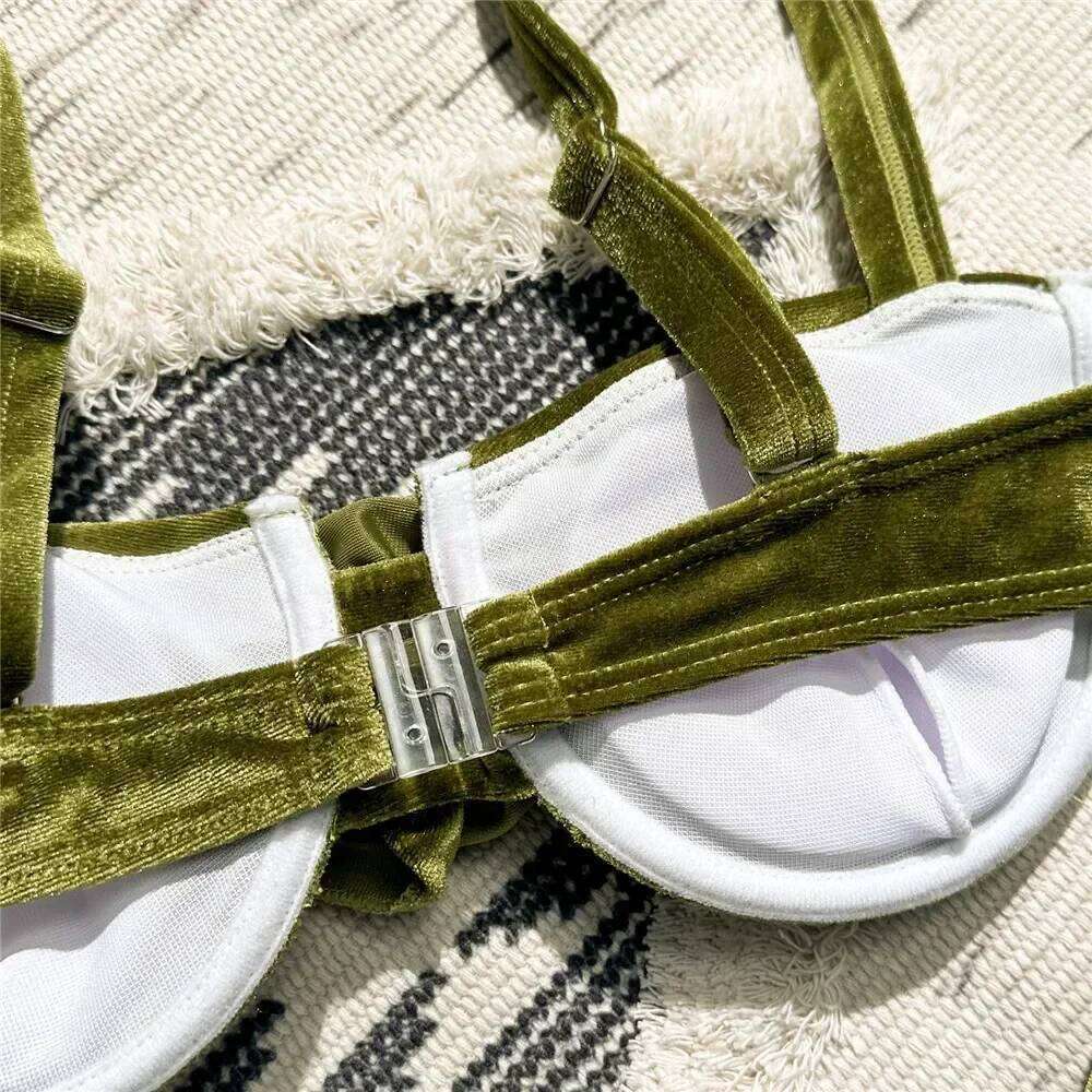 Sexy Green Velvet 3D Flower Swimwear Push Up Bikinis Sets Swimsuit 2026 Women Underwired Bathing Suit Thong Bikini Mujer Biquini XJ260206