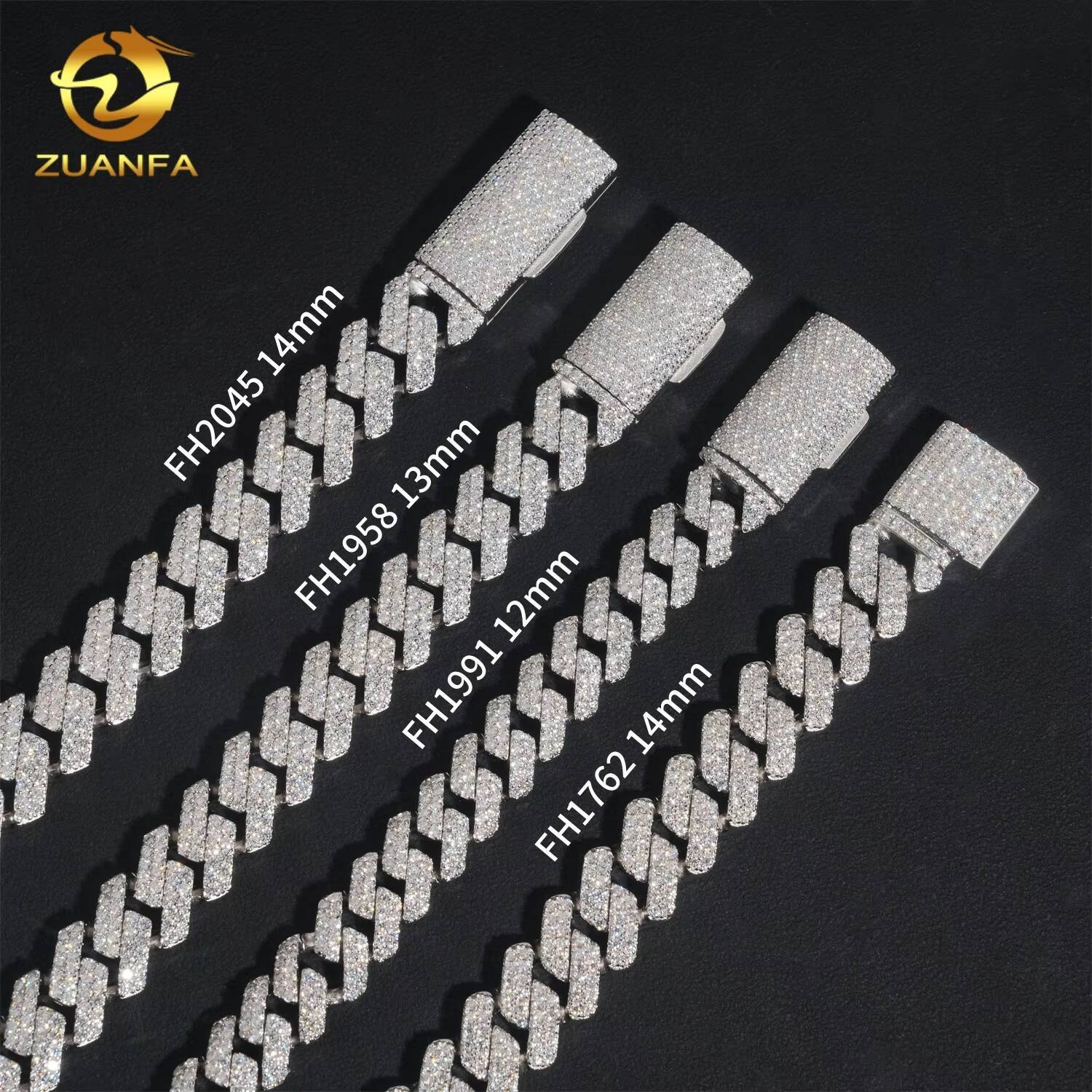 Ready to Ship High Quality 12mm 13mm 14mm Cuban Link Chain Moissanite Hip Hop Jewelry 925 Silver Solid Iced Out Cuban Link