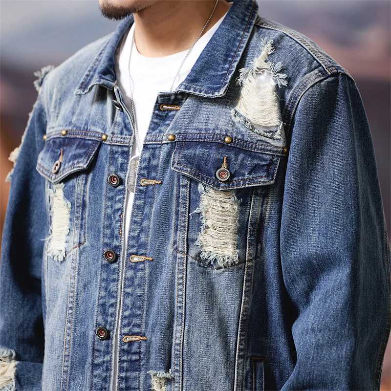 Mens Spring Autumn Ripped Denim Jacket Trendy American Retro Style Casual Coat for Streetwear Comfortable Midweight Outerwear M260309