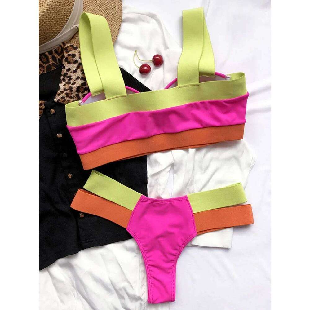 Splicing Push Up Bra Cup Women Swimsuit Female Swimwear Two-pieces Bikini Set High Cut Bathing Suit Swim Beach Wear XJ260206