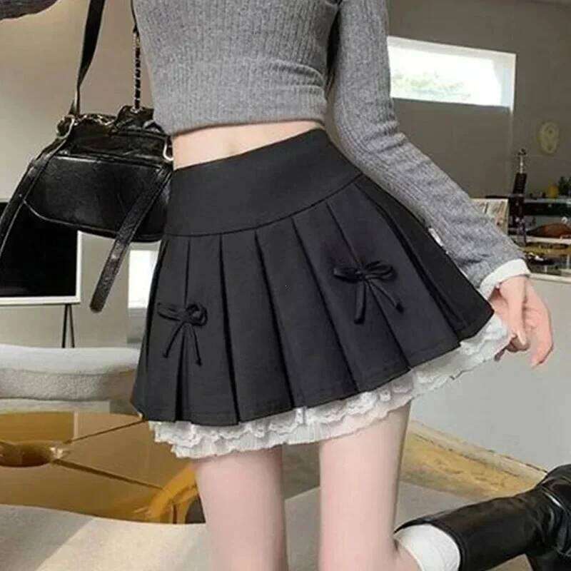 Korean Fashion Sweet High Waist College for Womenn Lace Preppy Bow Female A-line Pleated Skirt Y2k XJ260309