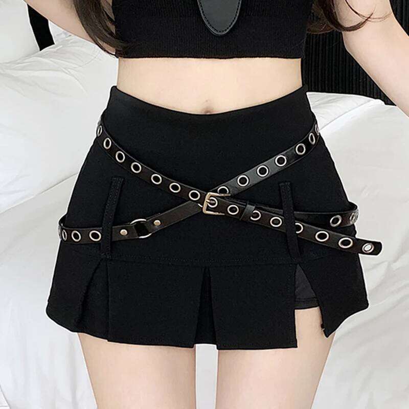 Retro Slit Women Sexy American Hotsweet Cross Sashes Black High Waist Mini Skirt Summer Vintage A Line Slim Simple Skirts XJ260309