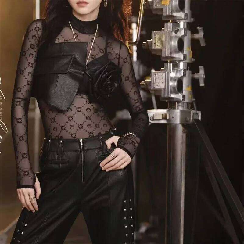 See Through Brand Women Tops Tulle Mesh Versatile Long Sleeve Moon Flocked Shirt Casual Thin Blouses Y K Sexy Sheer Blusas P MAKOUFEI