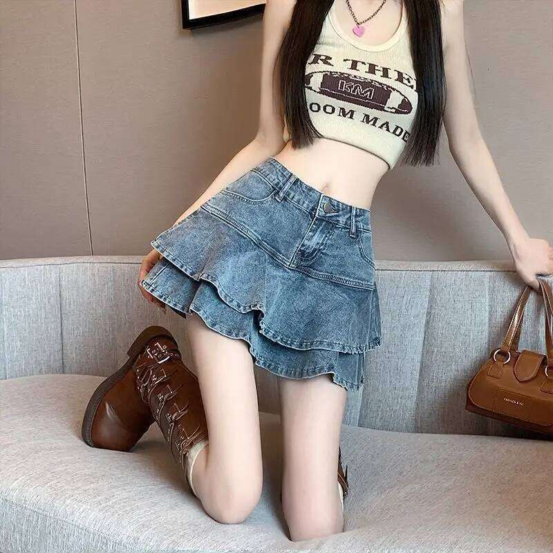 Denim For Hot Girl Ruffle Edge Jean With Button Women'S Retro High Waist Slim Fit Double Layered Short Cake Skirt XJ260309
