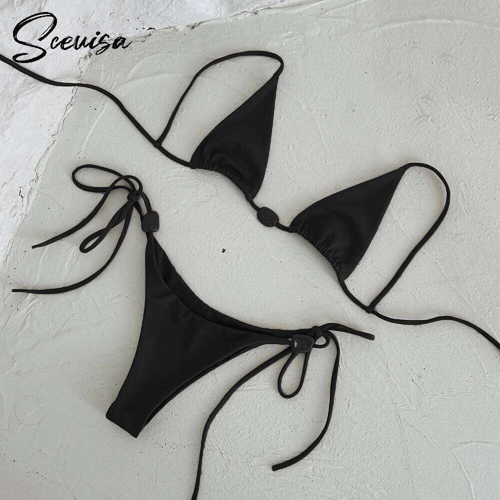 2025 New Sexy Low Waist Bikini Sets Swimsuit Solid Swimwear Women Strappy Bathing Suit Beachwear Brazilian Halter Female biquini XJ260206