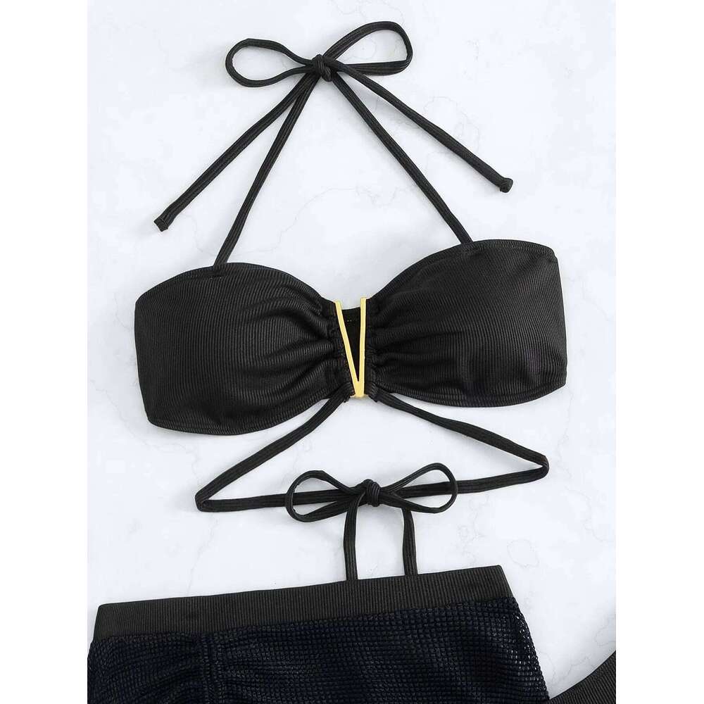 3 Pieces Black V Wire Halter Bikini 2025 Women & Beach Skirt Swimwear Female Swimsuit Solid Beachwear Bathing Swimming Suit XJ260206
