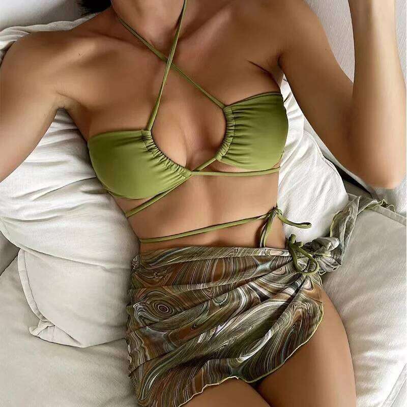 2023 3 Pieces Swimwear Women Sexy Lace Up Micro Bikini Set With Skirt Female Print Low Wais Swimsuit Beachwear Bathing Suit XJ260206