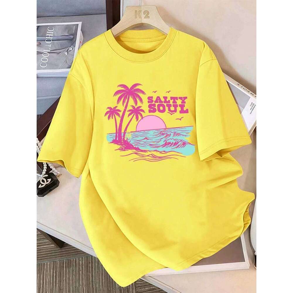Women T-Shirt Summer Salty Soul Waves Beach Coconut Trees Prints T Shirt Soft Loose Round-Neck Tops Casual Woman Clothes XJ260306