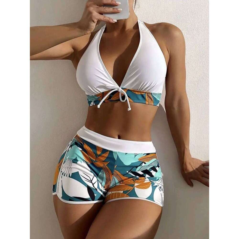2025 Halter Bikini Set Short Swimsuit Women High Waist Swimwear Female Printed Bathers Swimming Bathing Swim Suit Beachwear XJ260206