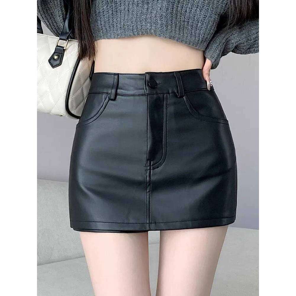 Hot Leather Women Spring Mini Bodycon High Waist Black Brown Skirt Pants XJ260309