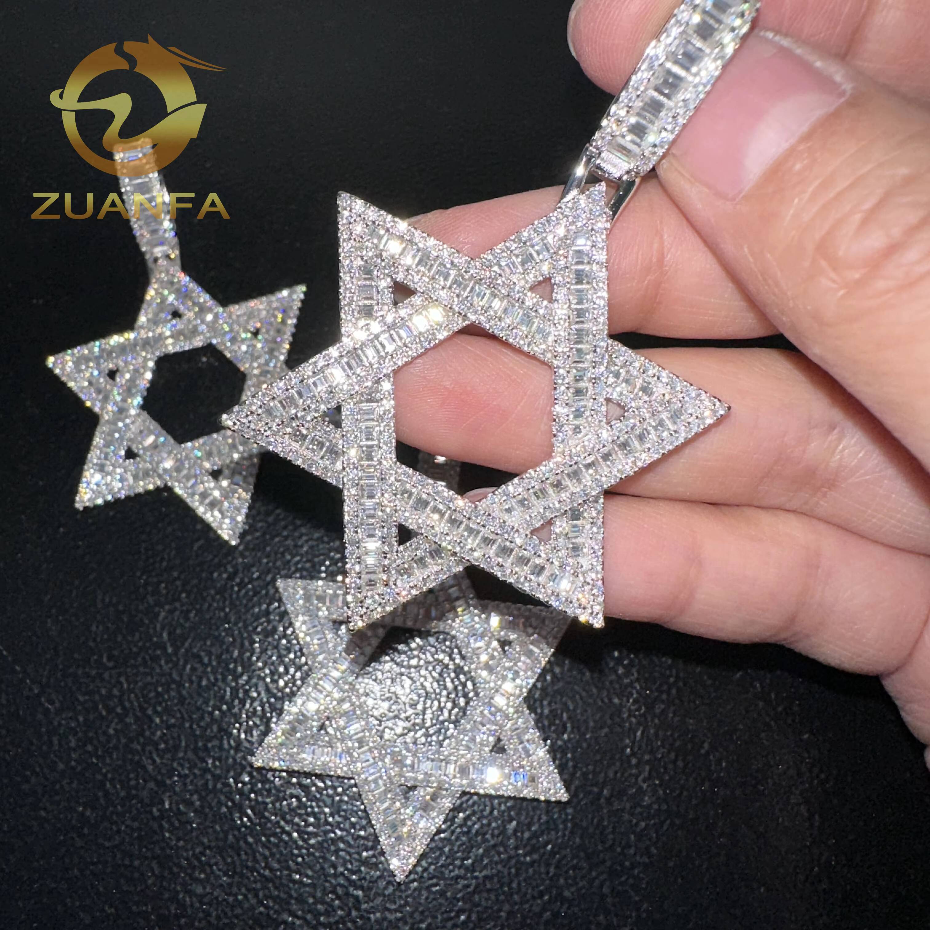 Ready to Ship Vvs Moissanite Hip Hop Jewelry Star Iced Out Pendant Sterling Silver 925 Moissanite Charm Pendant baguette Cut