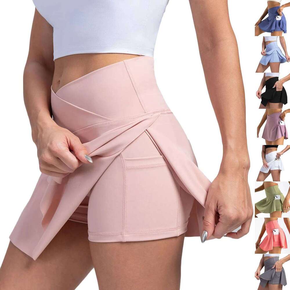Dopamine Tennis Skirts for Women Fitness Skinny Pleated Outdoors Pockets Elastic High Waist Sports Yoga Mini Skirt XJ260309