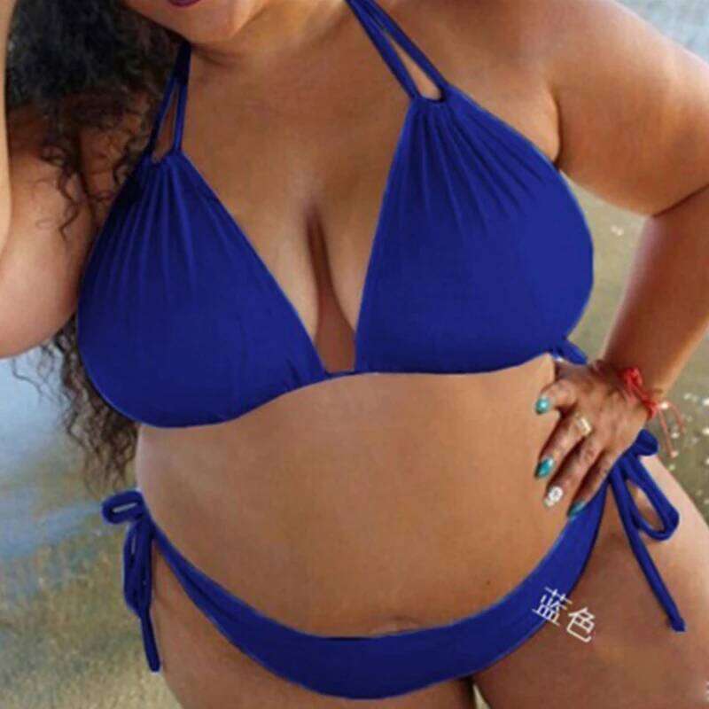 Sexy Plus Size Solid Color Straps Halter Bikini Split Swimsuit Ladies SwimwearBikini Set 2025 XJ260206