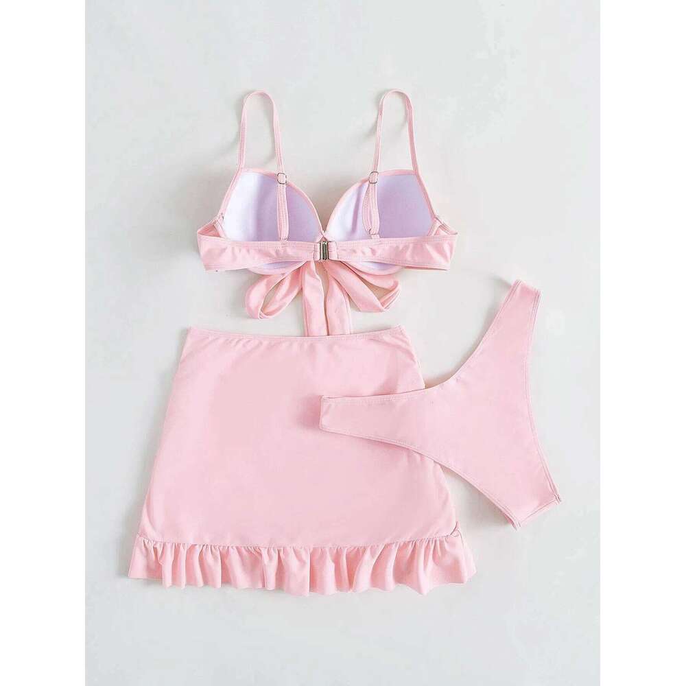 Women solid tie bow push up bikini sets three pieces with wrinkled ruffles mini skirt swimsuit bathing suit beach outfits XJ260206