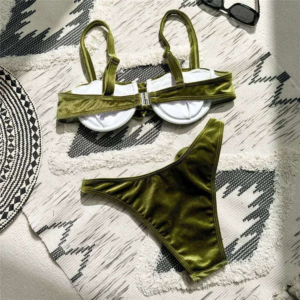 Sexy Green Velvet 3D Flower Swimwear Push Up Bikinis Sets Swimsuit 2026 Women Underwired Bathing Suit Thong Bikini Mujer Biquini XJ260206