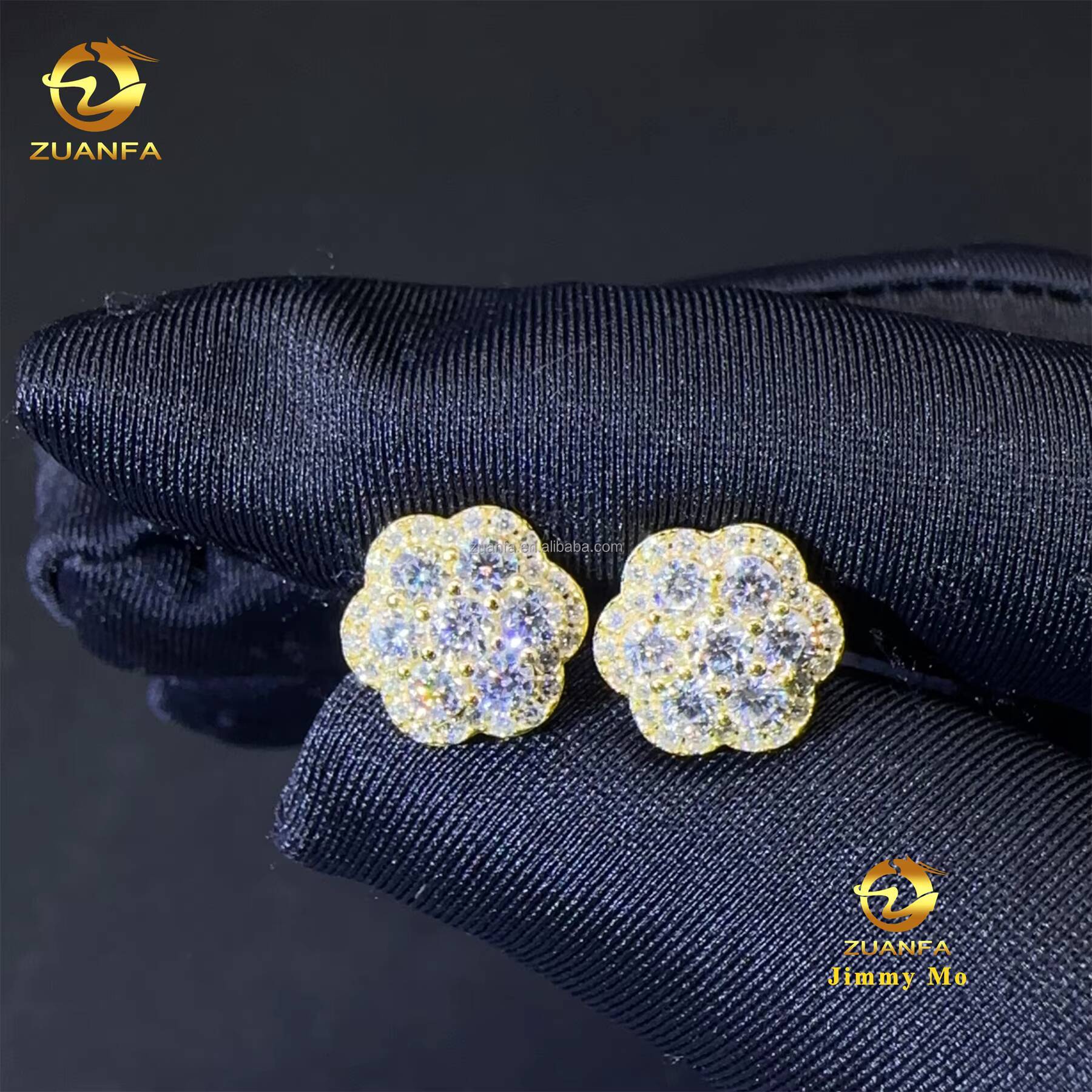 Pass Diamond Tester Drop Shipping Men Iced Out Hip Hop Sterling Silver 925 Screw Back Moissanite Flower Shape Cluster Earrings