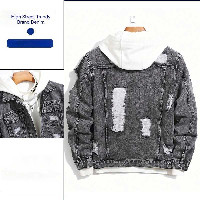 Mens Distressed Denim Jacket Korean Style Loose Fit Casual Coat Trendy Oversized Boyfriend Jean Jacket for Spring Autumn M260309