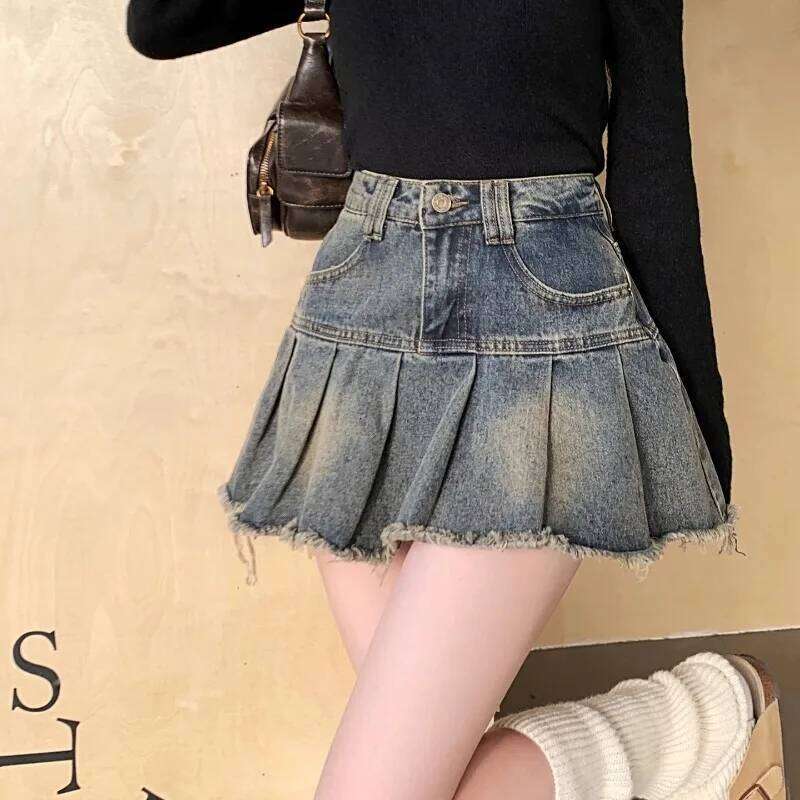 Pleated Skirt Women Denim Mini Vintage High Waist Designed Hotsweet All-match A-line Y2k Korean Fashion Streetwear Summer Ins XJ260309