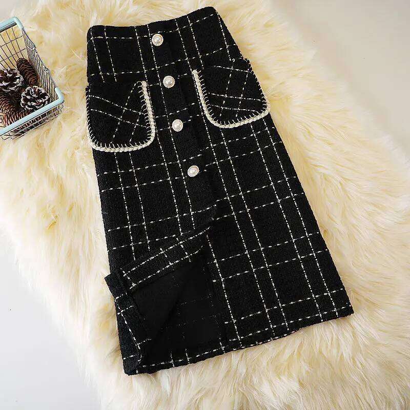 OCEANLOVE Faldas Mujer Plaid Vintage Knee Length Autumn Winter Woolen Women Skirts Korean Jupe Femme XJ260309