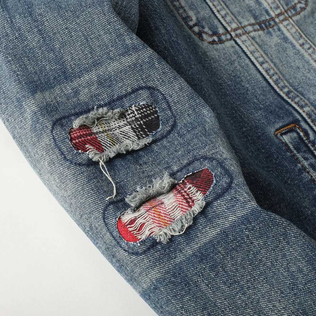 American retro denim jacket with mens ripped hole splicing trendy jacket loose long sleeved denim jacket korean fashion M260309