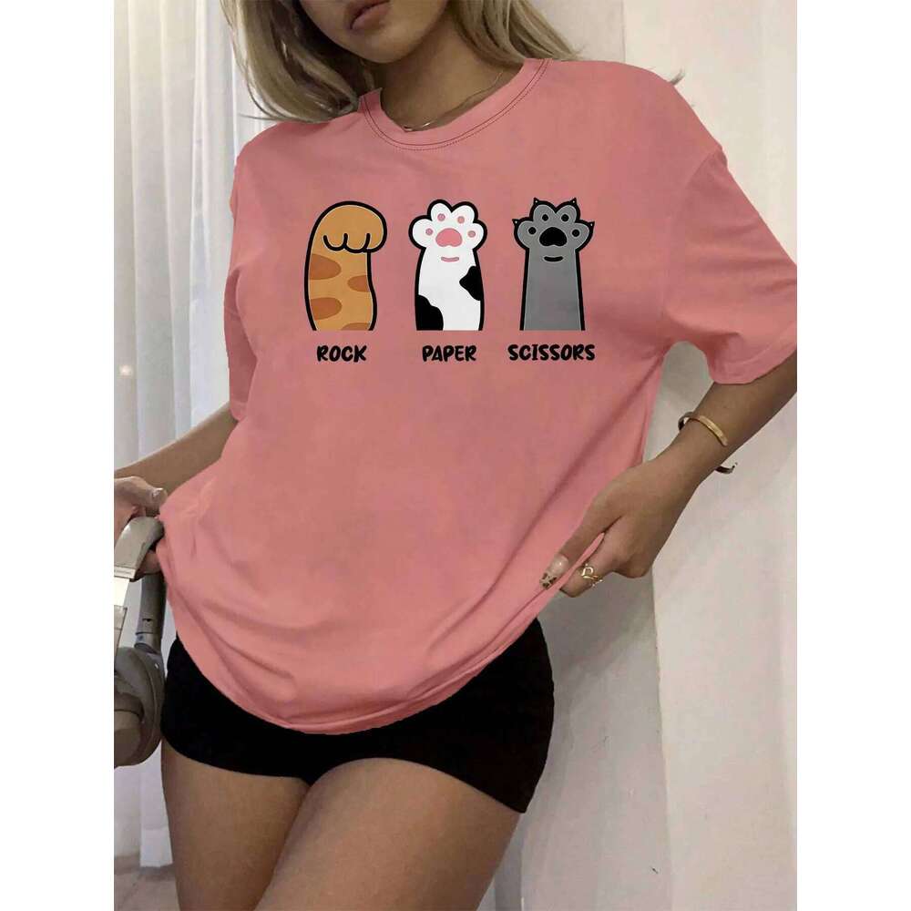 Women's Casual Short-sleeved Top Printed with Rock-paper-scissors and Cat Paw Patterns.women Clothing Fashion Summer Streetwear XJ260306