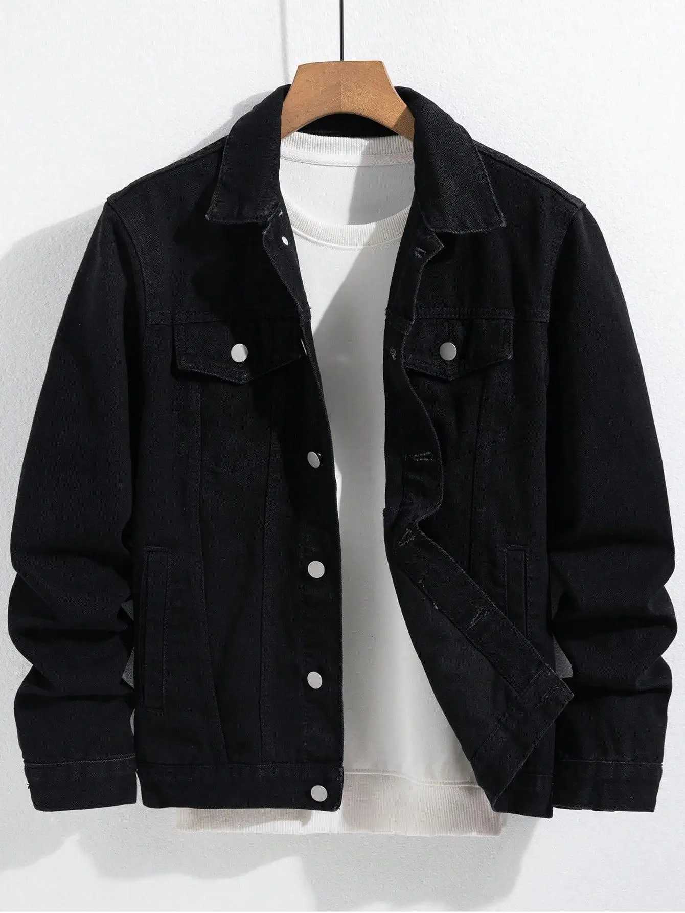 Mens spring-autumn denim jacket Black minimalist coat Daily casual Stylish and trendy style a02 M260309